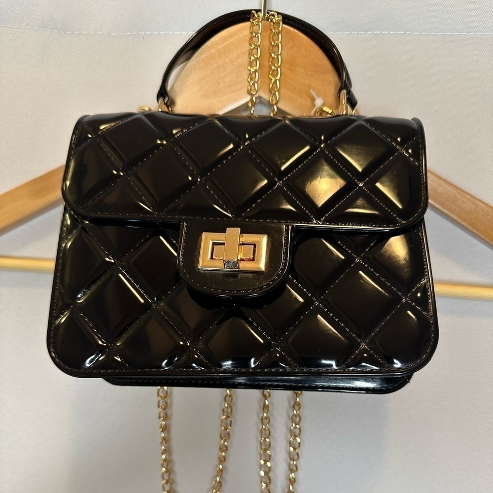 Womens Quilted Black Crossbody Bag Classic Top Handle Chain Link Faux Leather S - Picture 10 of 10